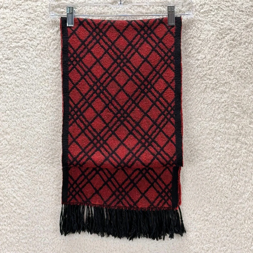 Open Scarf 100% Cashmere Red Black Diamond Patterns 66"x11" Scotland Classic - Picture 4 of 6